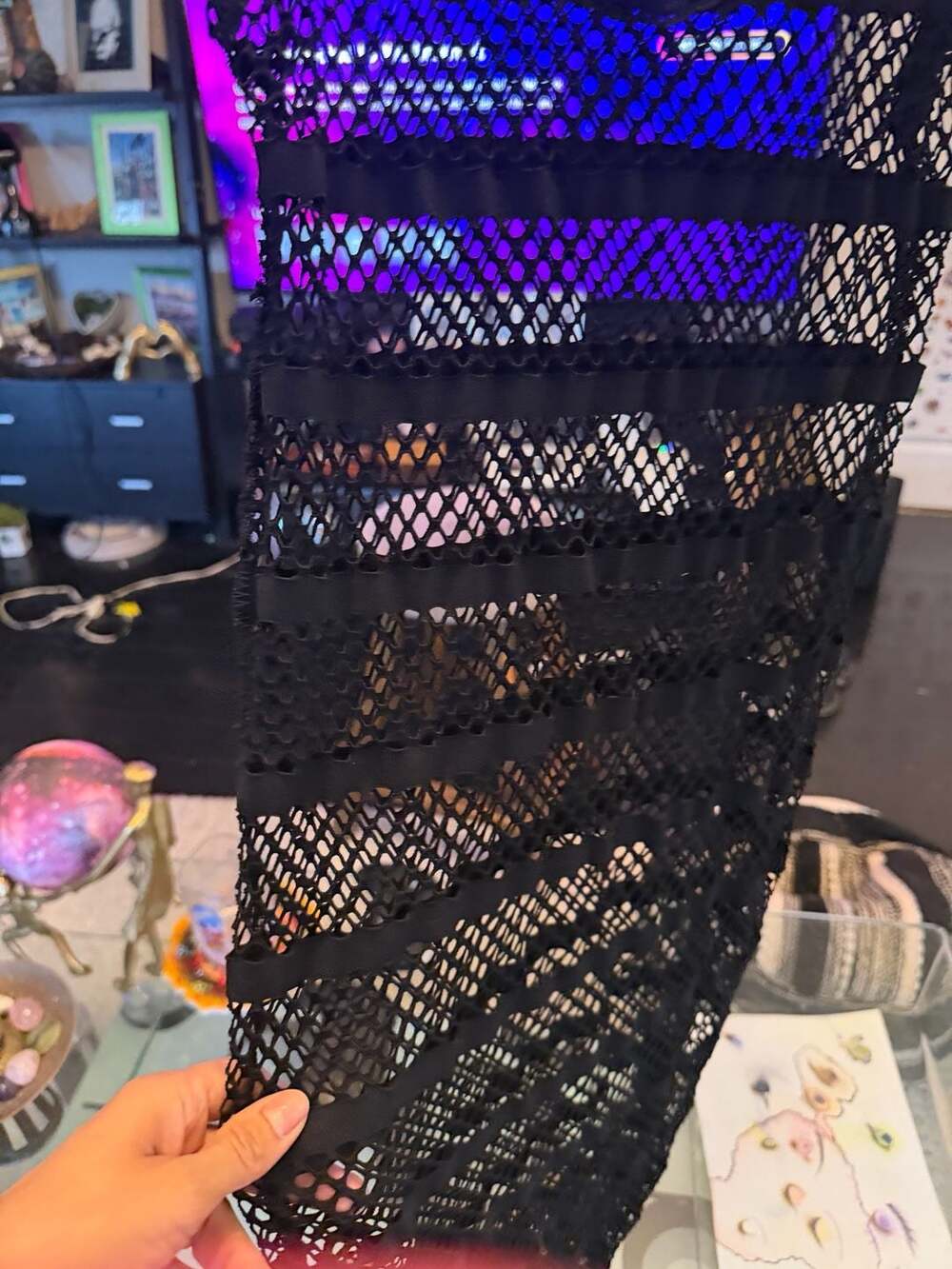 Black Fishnet Mesh Mini Dress with Horizontal Band Detailing